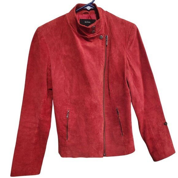 Alfani Women’s Small Red Suede Leather Moto Jacket Asymmetrical Zip Biker - Picture 2 of 10